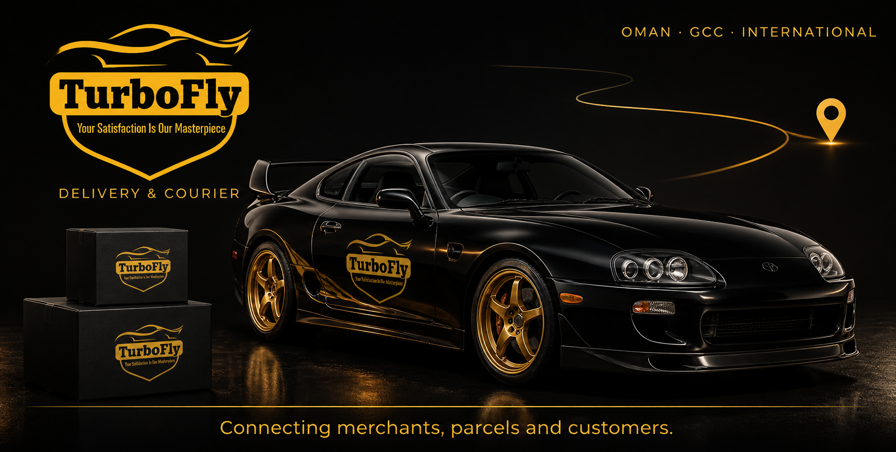 TurboFly black-and-gold Supra with branded parcels and a delivery route